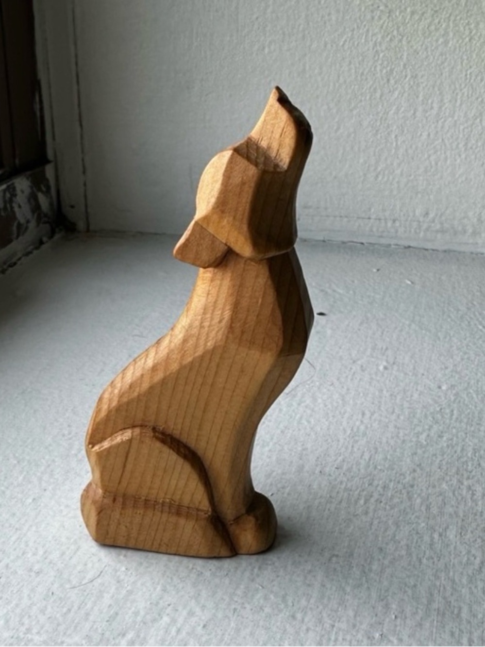 ~Handcarved Wooden Howling Wolf Sculpture - Natural Wood~